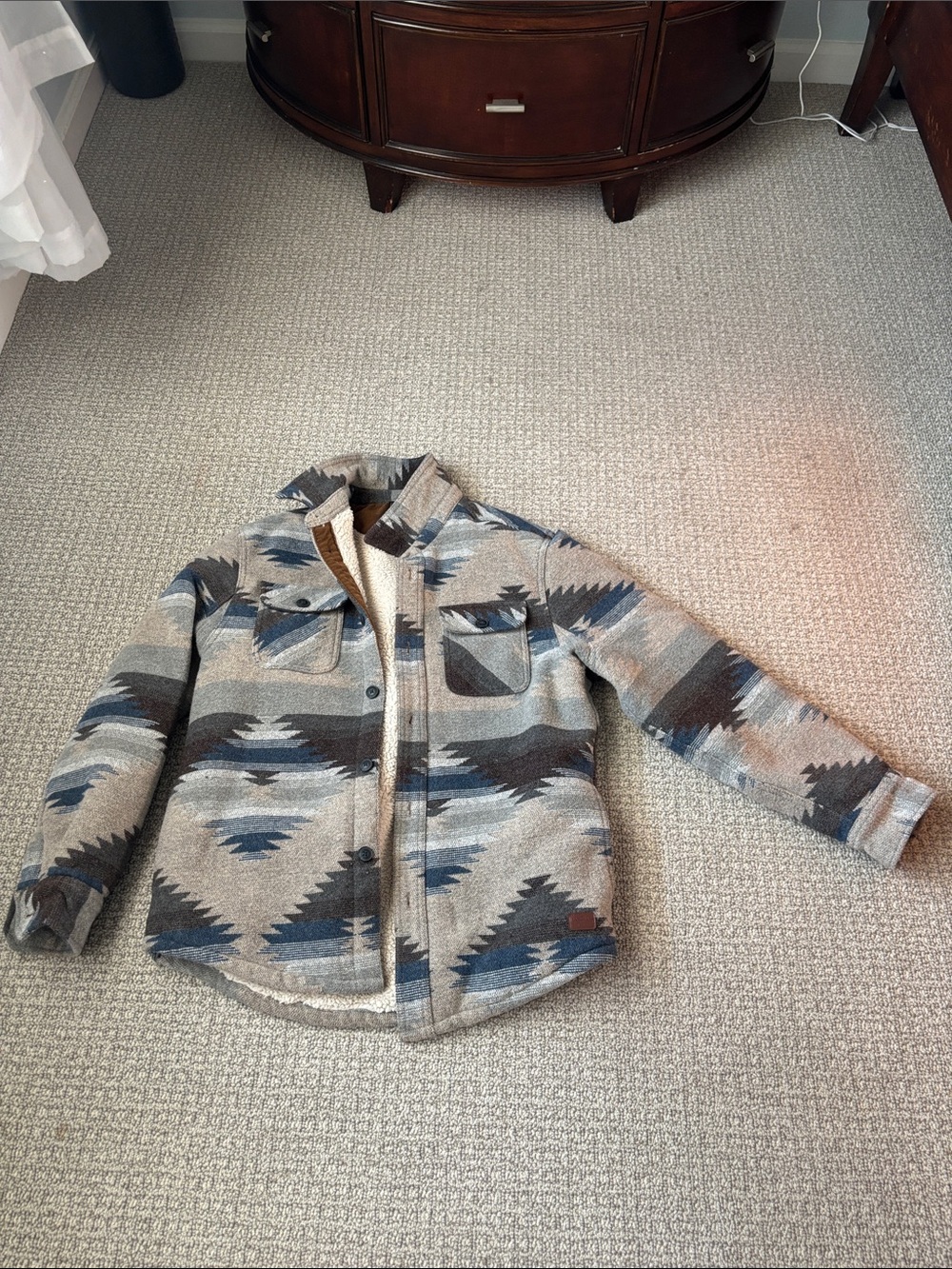 Men's Aztec-Pattern Sherpa-Lined Raincoat Jacket - Gray & Blue